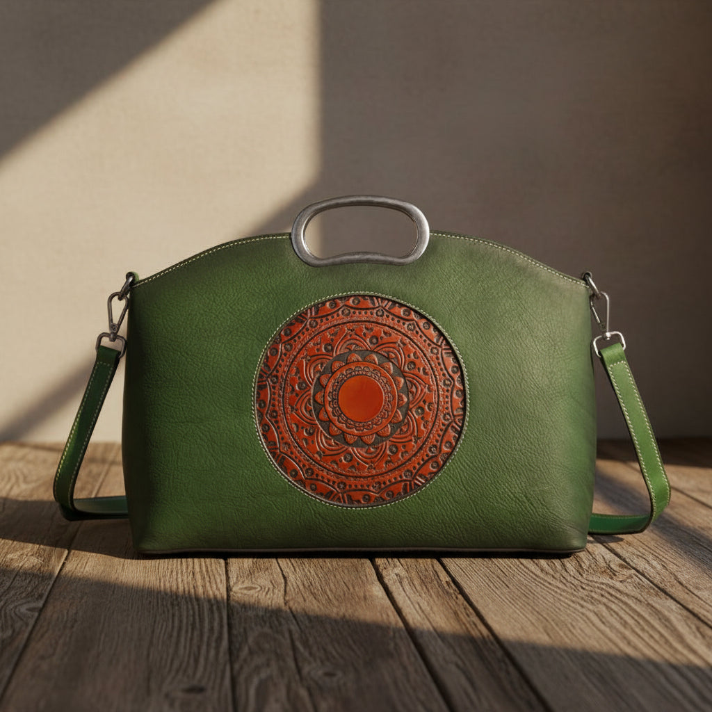 Petit sac tote vert pour femme en cuir véritable, avec poignée supérieure en métal.