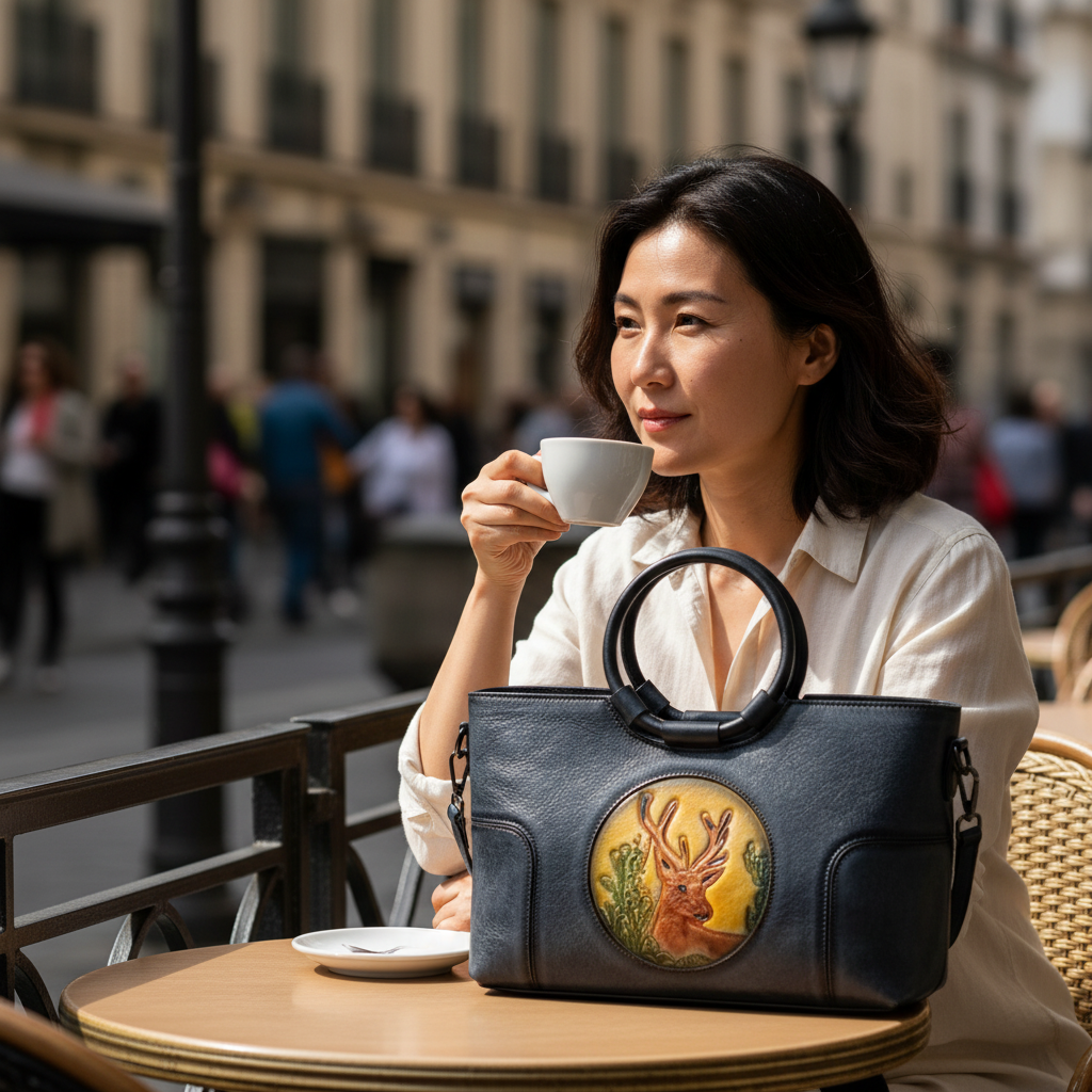 Sac en cuir bleu avec anses rondes, orné d’un médaillon illustrant un cerf stylisé, représentant le modèle Cervus Heritage
