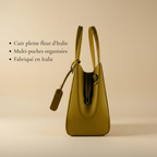 Sac à main en cuir véritable couleur moutarde, avec bandoulière amovible et attaches mousqueton gunmetal, format 33 × 25 × 15 cm avec poignées de 13 cm