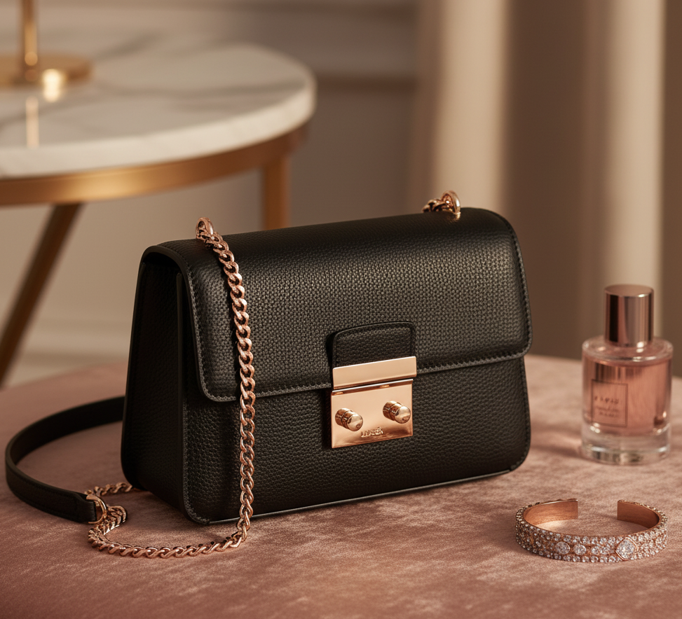 Sac à main noir en cuir avec chaîne dorée, posé sur velours rose avec bijoux et parfum, illustrant la collection Minimal Chic