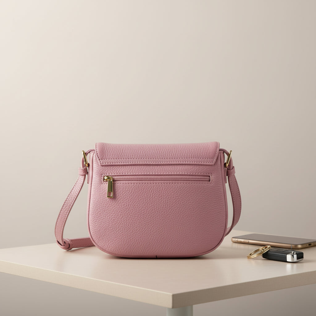 Sac bandoulière en cuir véritable rose antique, avec anse amovible, boucle métallique dorée brillante et format 26 × 20 × 10 cm