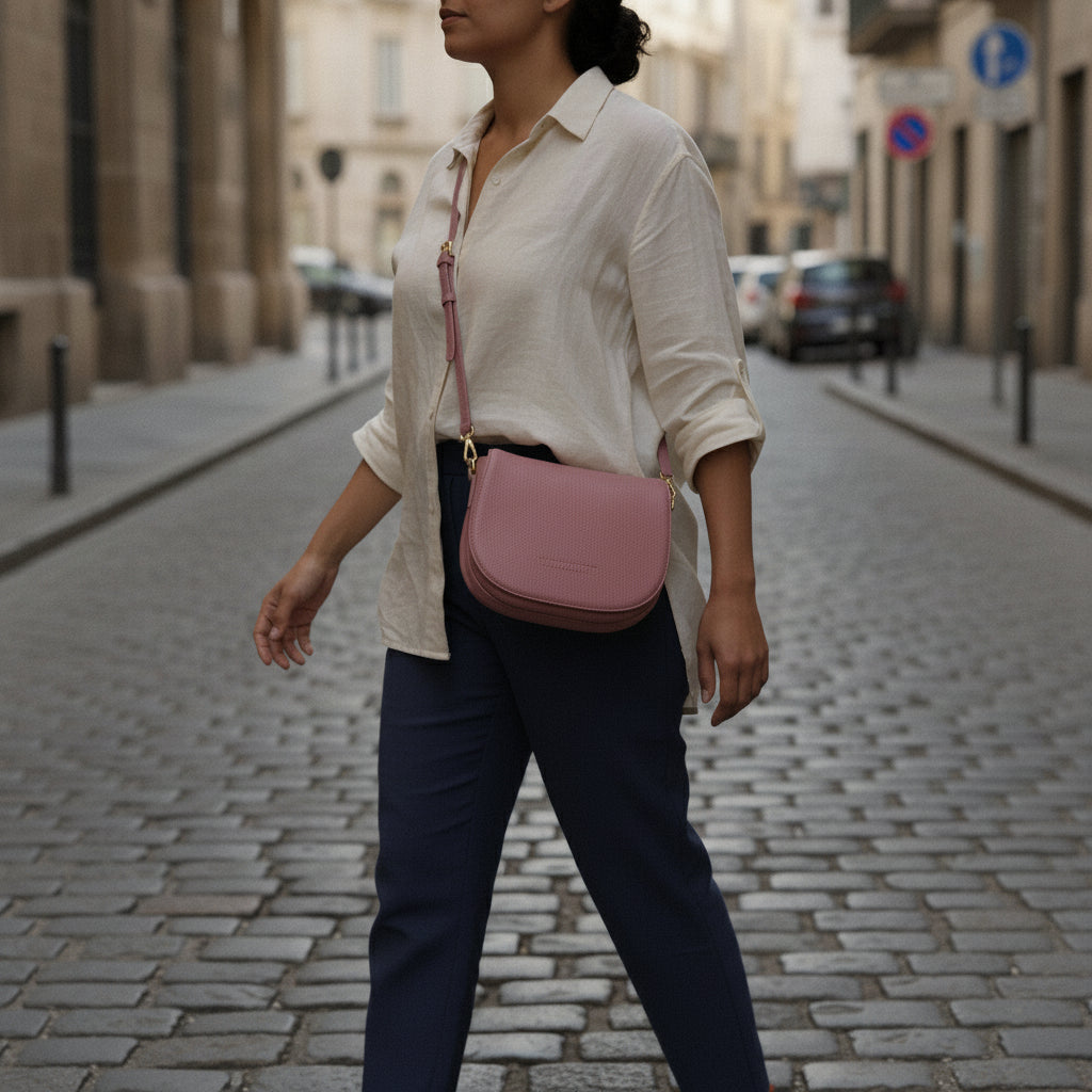 Sac bandoulière en cuir véritable rose antique, avec anse amovible, boucle métallique dorée brillante et format 26 × 20 × 10 cm