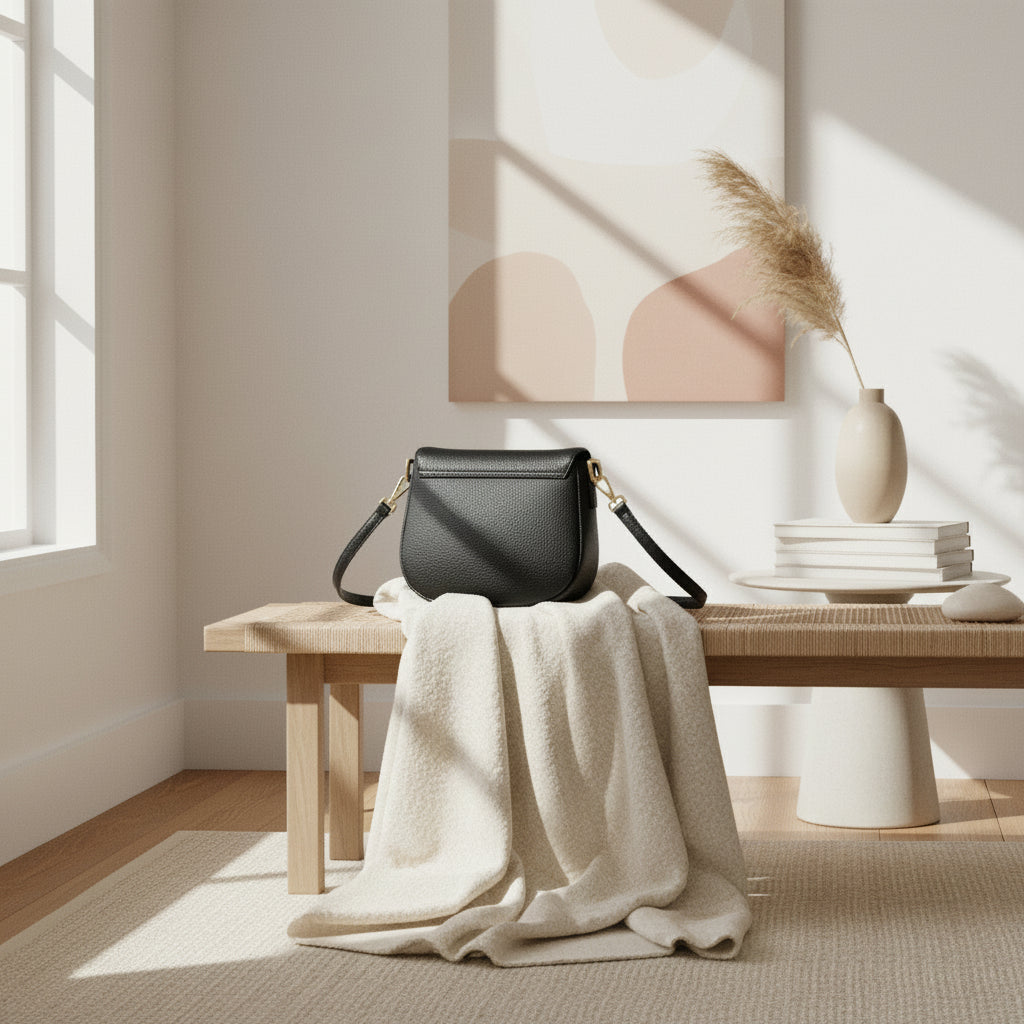 Sac bandoulière en cuir véritable noir, avec anse amovible et attaches à boucles dorées brillantes, format 26 × 20 × 10 cm.
