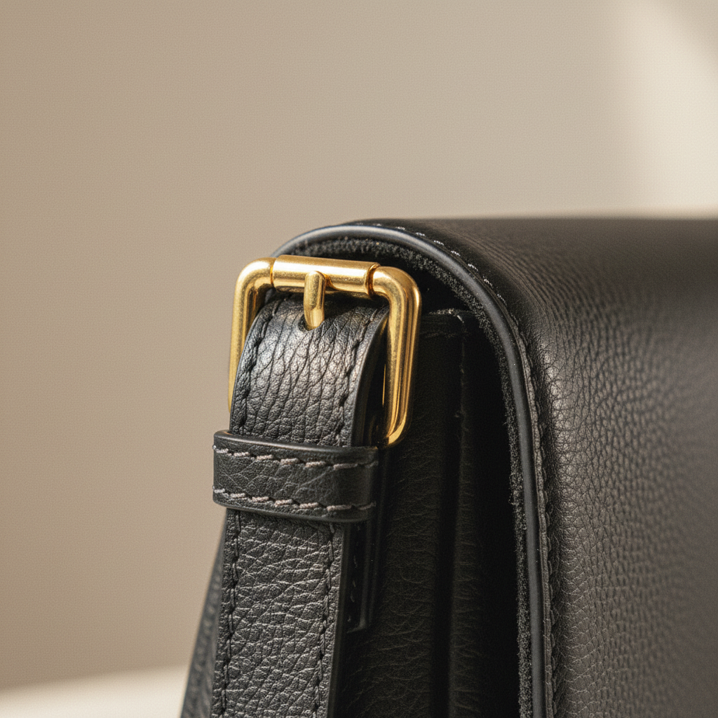 Sac bandoulière en cuir véritable noir, avec anse amovible et attaches à boucles dorées brillantes, format 26 × 20 × 10 cm.