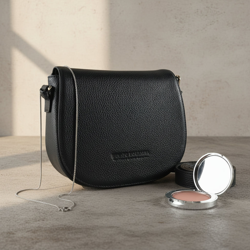 Sac bandoulière en cuir véritable noir, avec anse amovible et attaches à boucles dorées brillantes, format 26 × 20 × 10 cm.