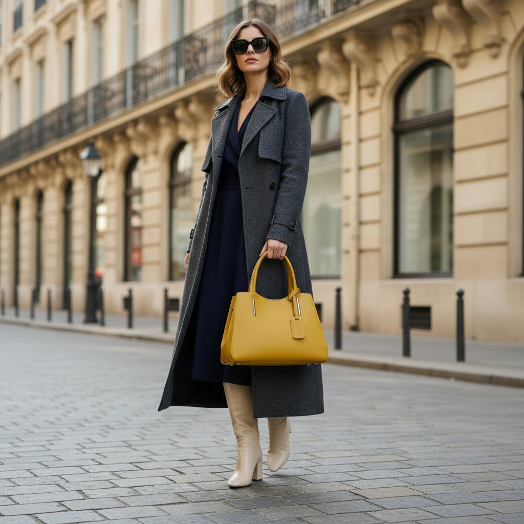 Sac à main en cuir véritable couleur moutarde, avec bandoulière amovible et attaches mousqueton gunmetal, format 33 × 25 × 15 cm avec poignées de 13 cm