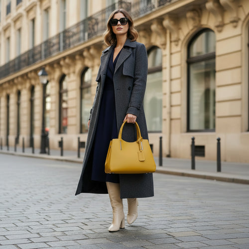 Sac à main en cuir véritable couleur moutarde, avec bandoulière amovible et attaches mousqueton gunmetal, format 33 × 25 × 15 cm avec poignées de 13 cm