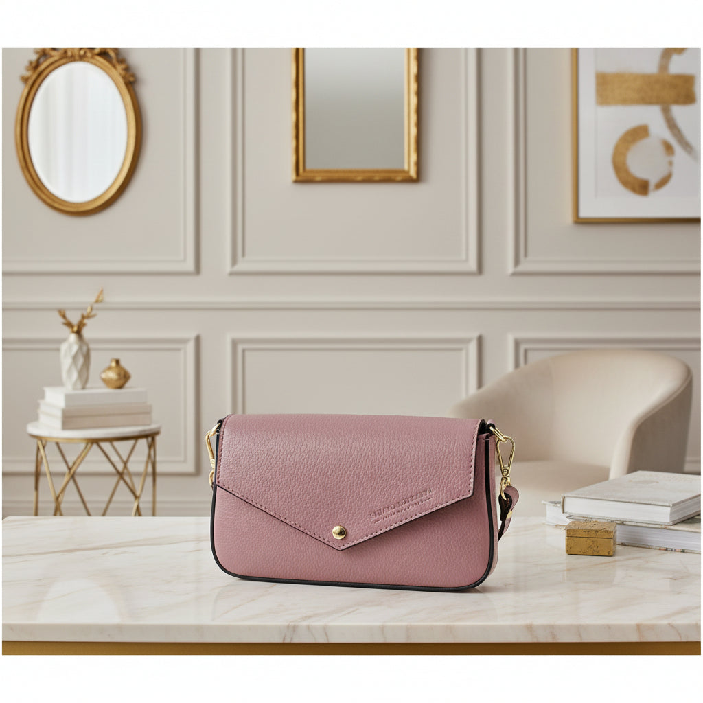 Mini sac à bandoulière en cuir pleine fleur rose, fabriqué en Italie, avec chaîne dorée amovible, rabat magnétique et intérieur doublé avec poche plate. 