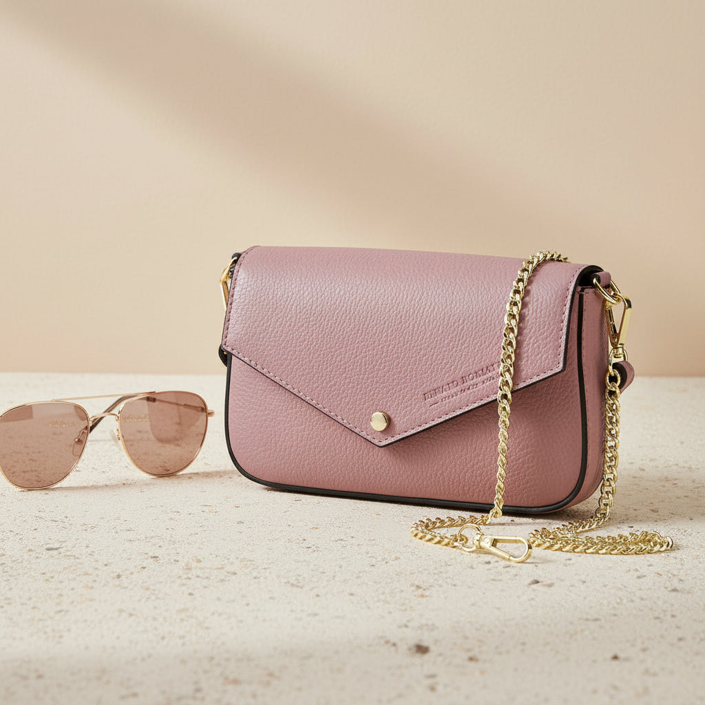 Mini sac à bandoulière en cuir pleine fleur rose, fabriqué en Italie, avec chaîne dorée amovible, rabat magnétique et intérieur doublé avec poche plate. 
