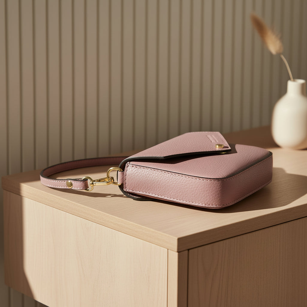 Mini sac à bandoulière en cuir pleine fleur rose, fabriqué en Italie, avec chaîne dorée amovible, rabat magnétique et intérieur doublé avec poche plate. 