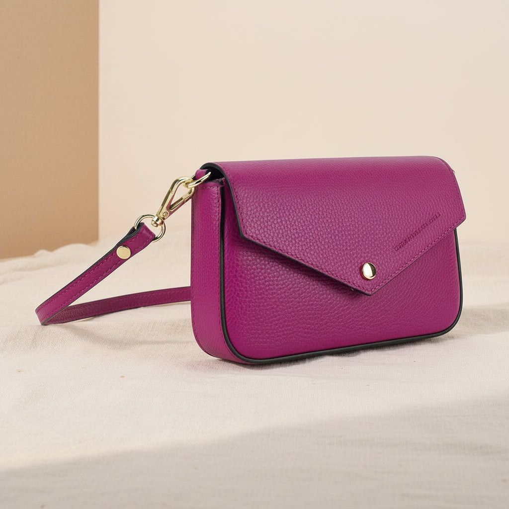 Mini sac bandoulière Renato Borzatta en cuir véritable fuchsia, avec finitions dorées, rabat magnétique, poche intérieure et bandoulière interchangeable cuir ou chaîne dorée