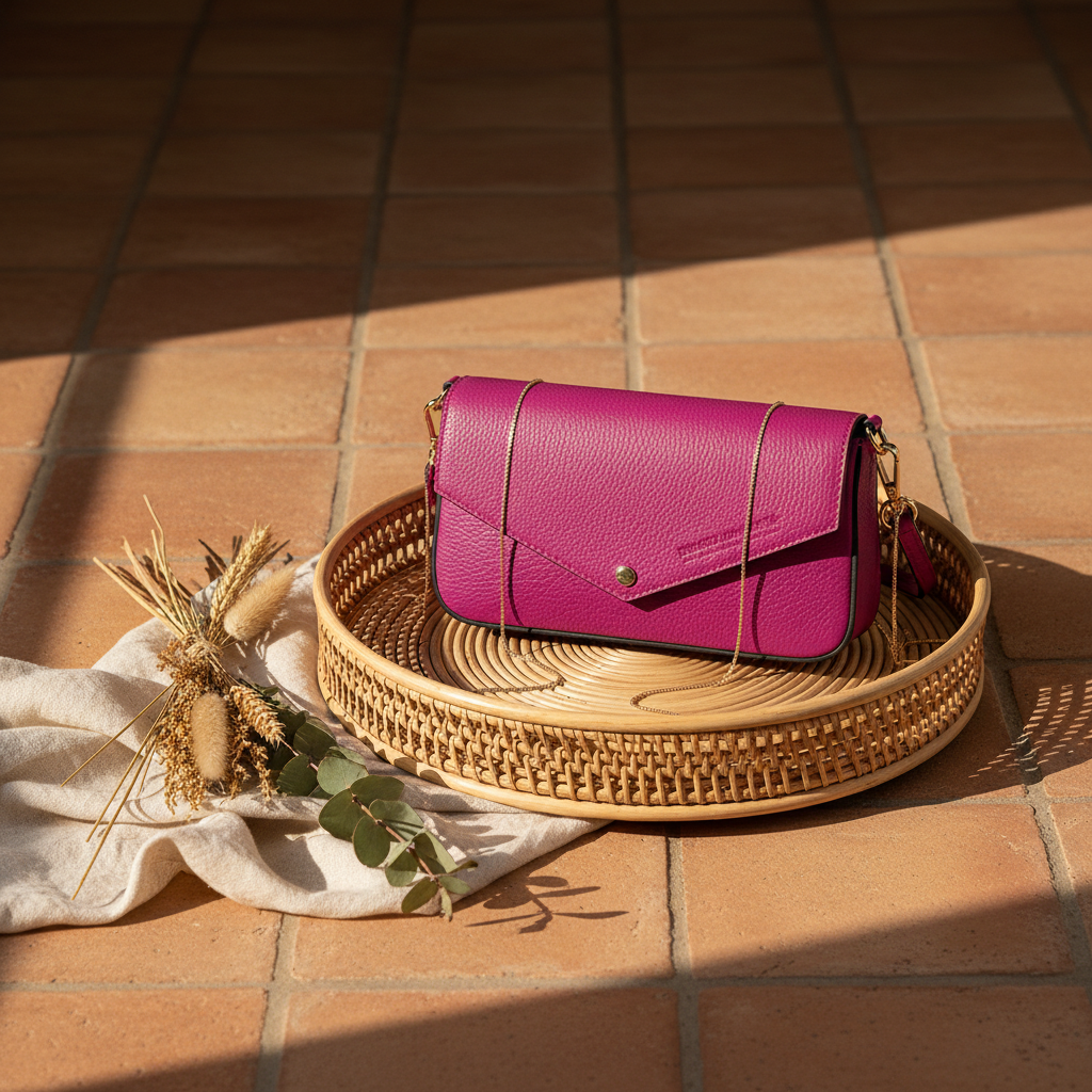 Mini sac bandoulière Renato Borzatta en cuir véritable fuchsia, avec finitions dorées, rabat magnétique, poche intérieure et bandoulière interchangeable cuir ou chaîne dorée