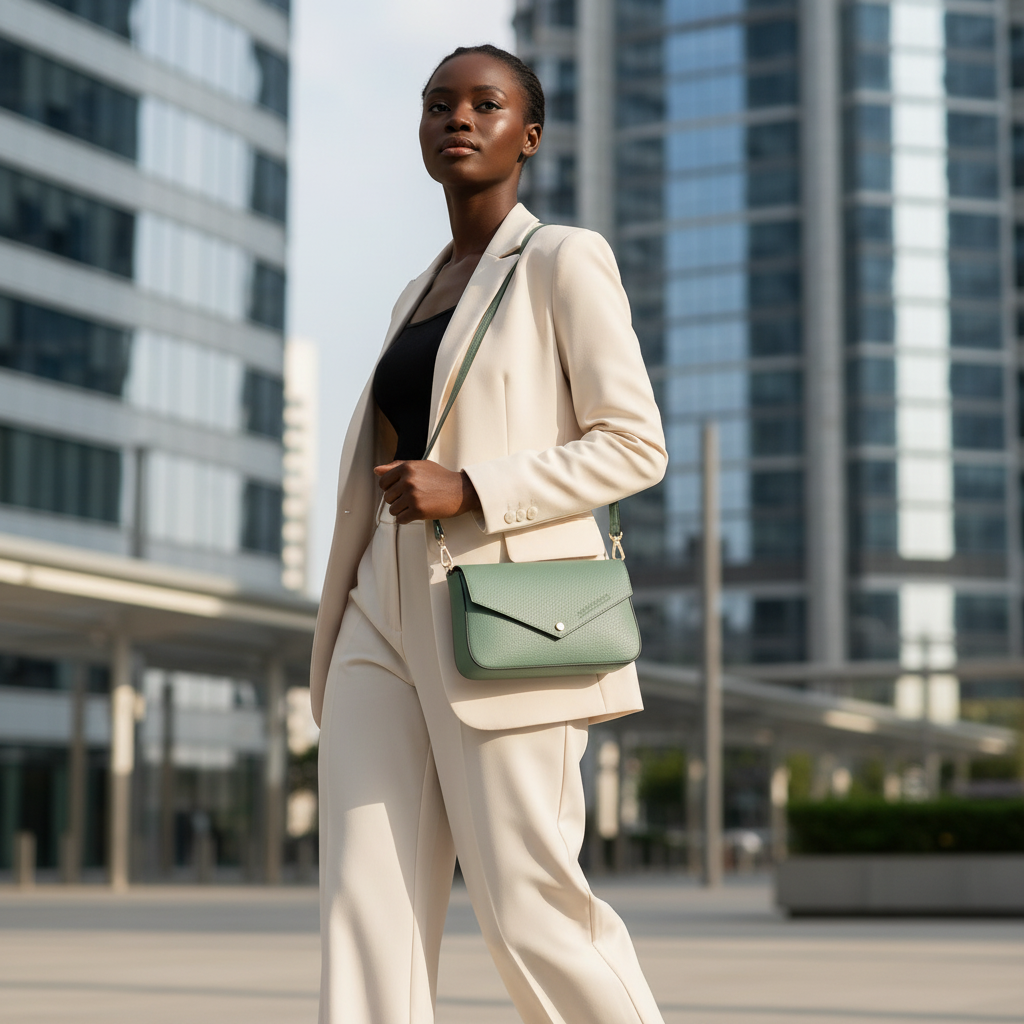 Borzatta Mini – vue profil – silhouette enveloppe cuir menthe – rabat magnétique fermeture – artisanat Italien