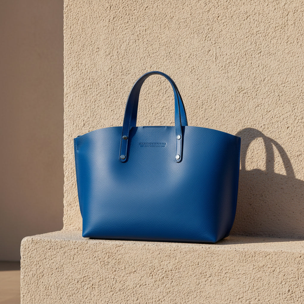 Grand sac à main en cuir véritable bleu royal, avec bandoulière amovible, pochette interne extractible et finitions canon de fusil brillantes, format 48 × 31 × 11 cm. 