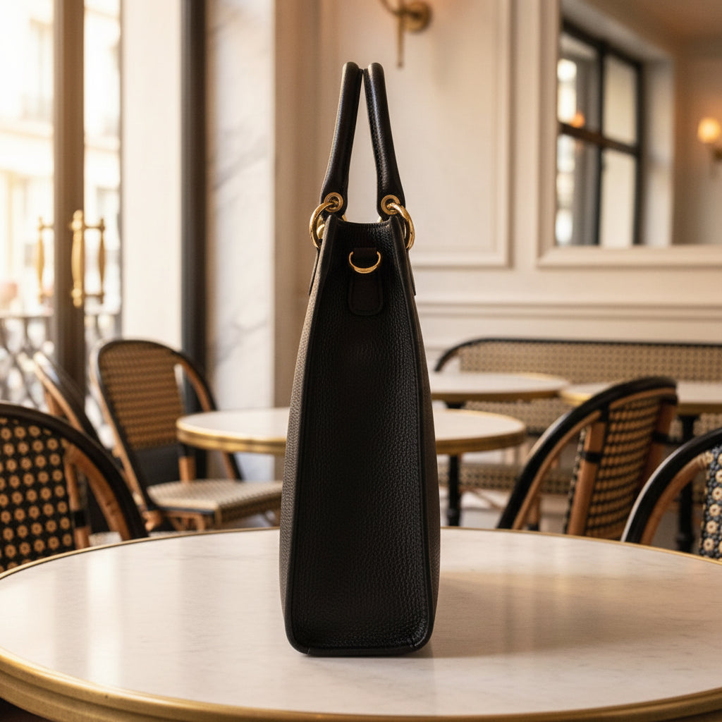 Sac vertical en cuir véritable et raphia noir, avec fermeture zippée, poignées renforcées, attache dorée, poche intérieure zippée et bandoulière amovible et réglable