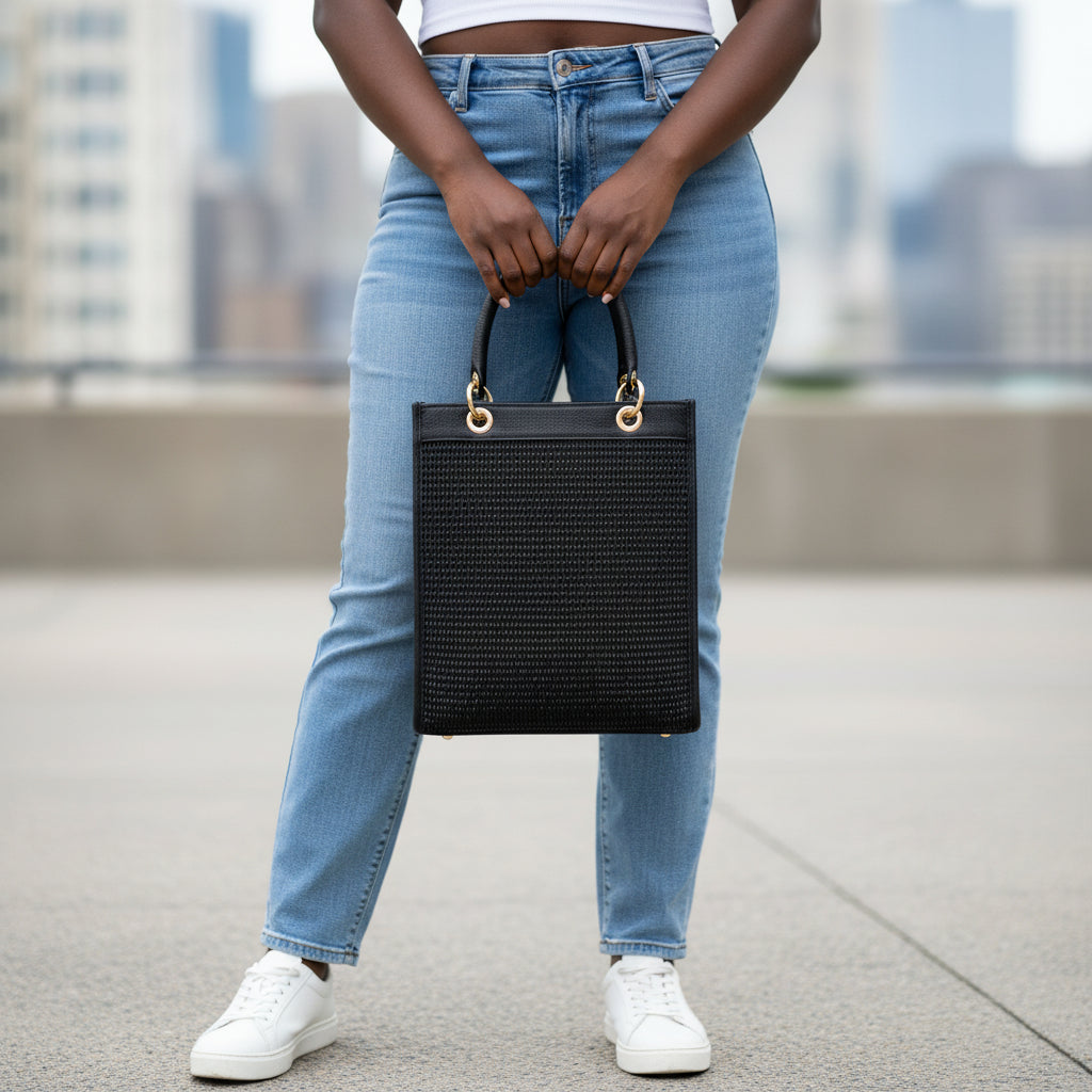 Sac vertical en cuir véritable et raphia noir, avec fermeture zippée, poignées renforcées, attache dorée, poche intérieure zippée et bandoulière amovible et réglable.
