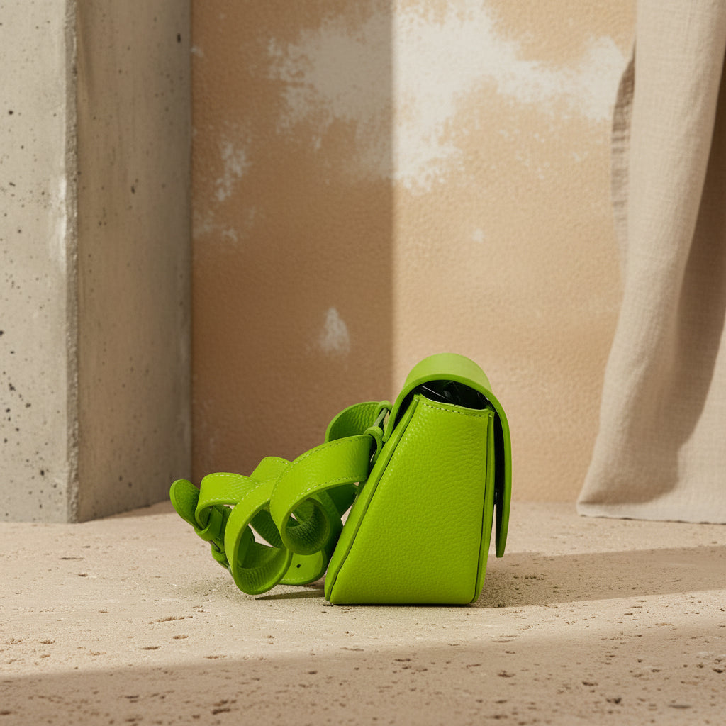 Jade, Sac bandoulière en cuir pleine fleur vert forêt, format compact, bandoulière réglable, finitions canon de fusil, fabriqué en Italie.