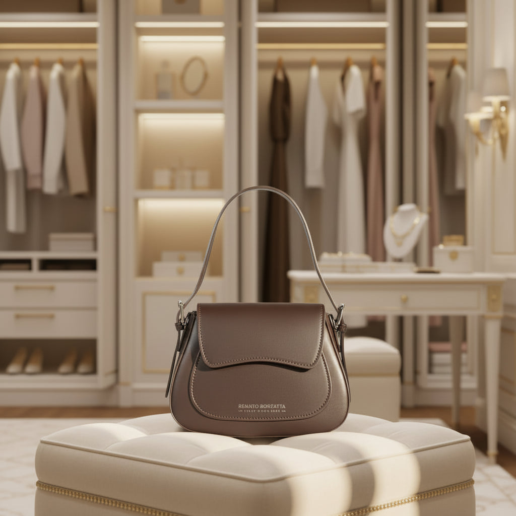 Sac Emma en cuir lisse Testa Moro, fabriqué en Italie, avec pattina magnétique, zip interne et poches de rangement, silhouette compacte et élégante