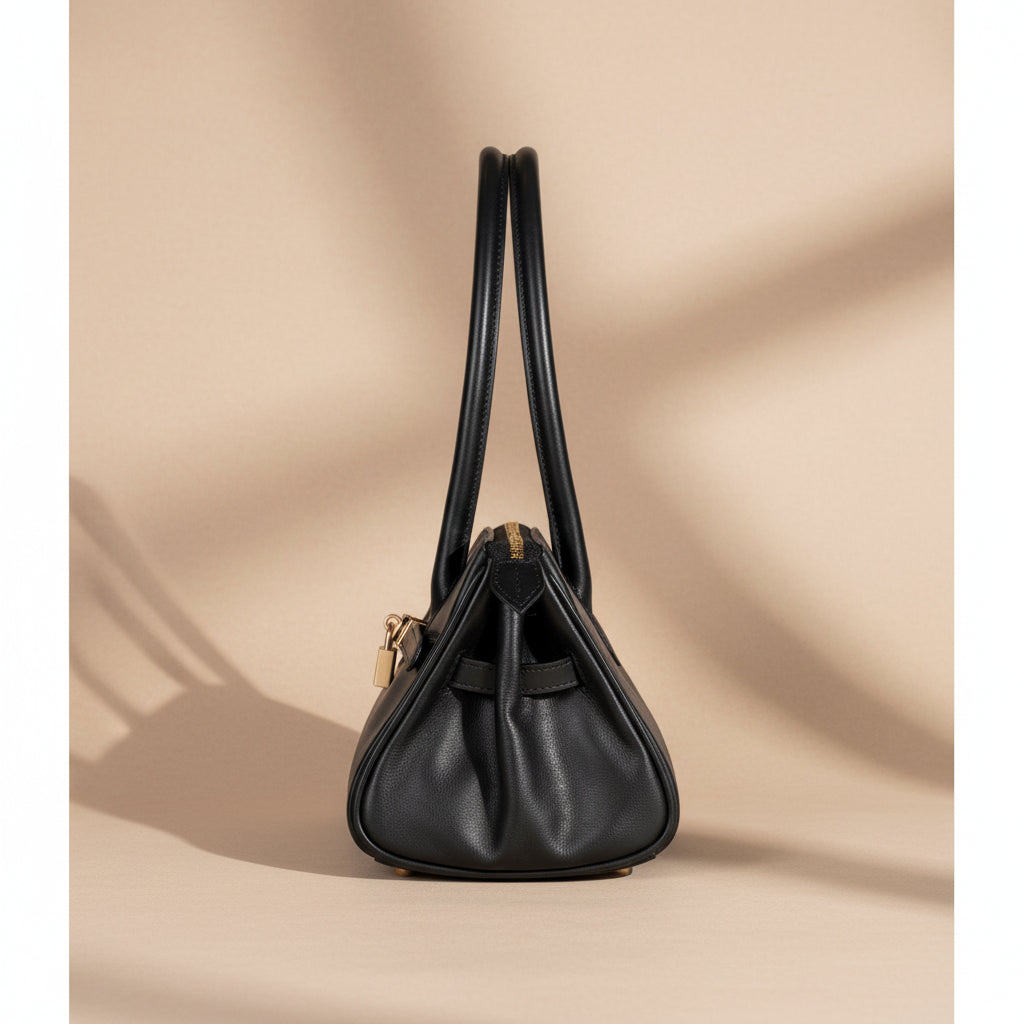 Sac porté épaule Arianna en cuir sauvage souple noir, fabriqué en Italie, avec accessoires métal or mat et format 34 × 15 × 16 cm, poignée de 20 cm