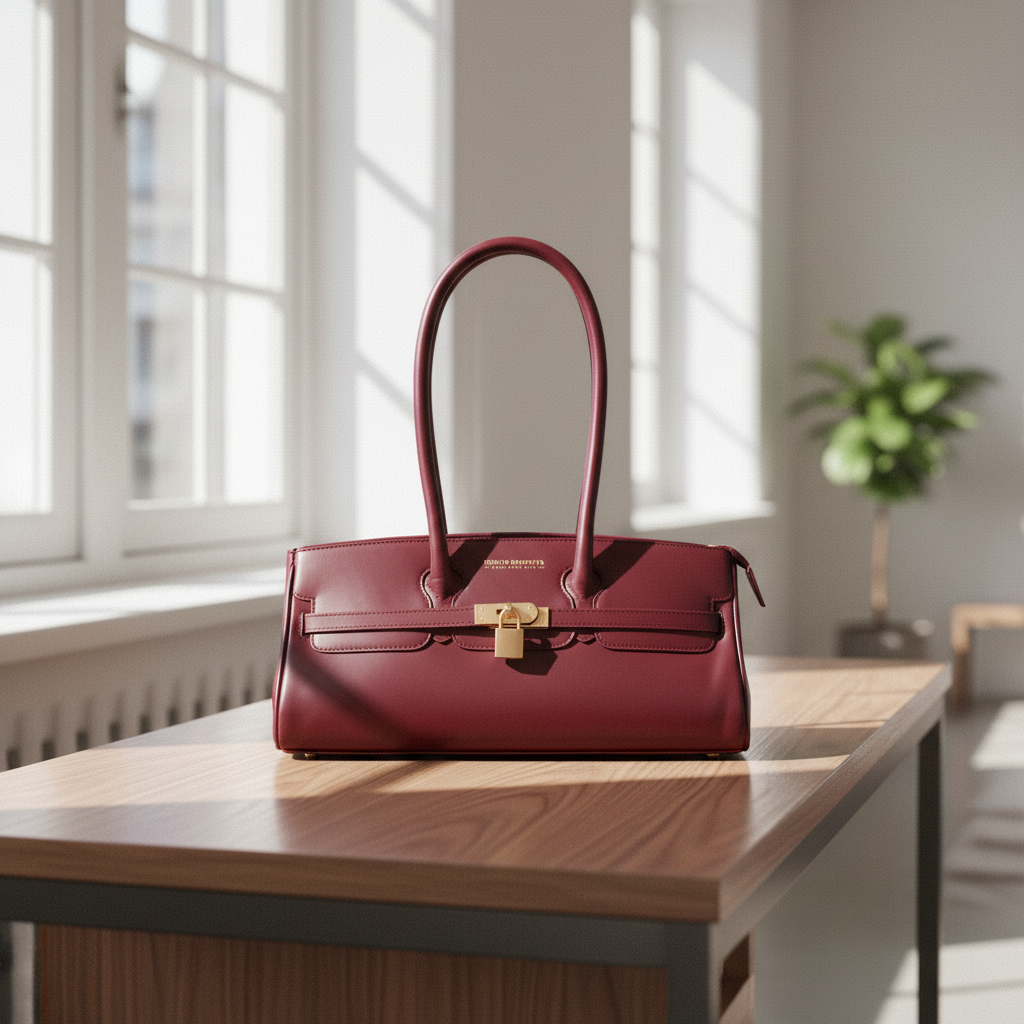 Sac porté épaule Arianna en cuir sauvage souple couleur bordeaux, fabriqué en Italie, avec accessoires métal or mat et format 34 × 15 × 16 cm, poignée de 20 cm.
