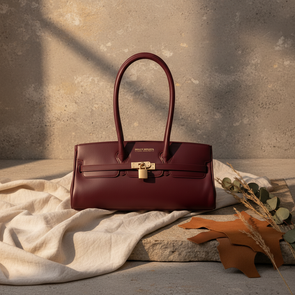 Sac porté épaule Arianna en cuir sauvage souple couleur bordeaux, fabriqué en Italie, avec accessoires métal or mat et format 34 × 15 × 16 cm, poignée de 20 cm.