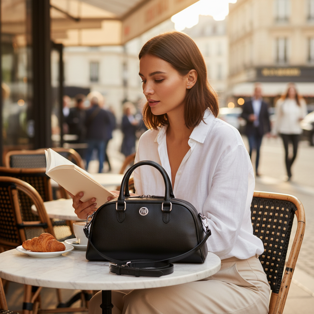  Sac bowling Virginia en cuir Saffiano noir, fabriqué en Italie, avec accessoires argentés polis et format 35 × 19 × 14,5 cm, poignée de 12 cm.