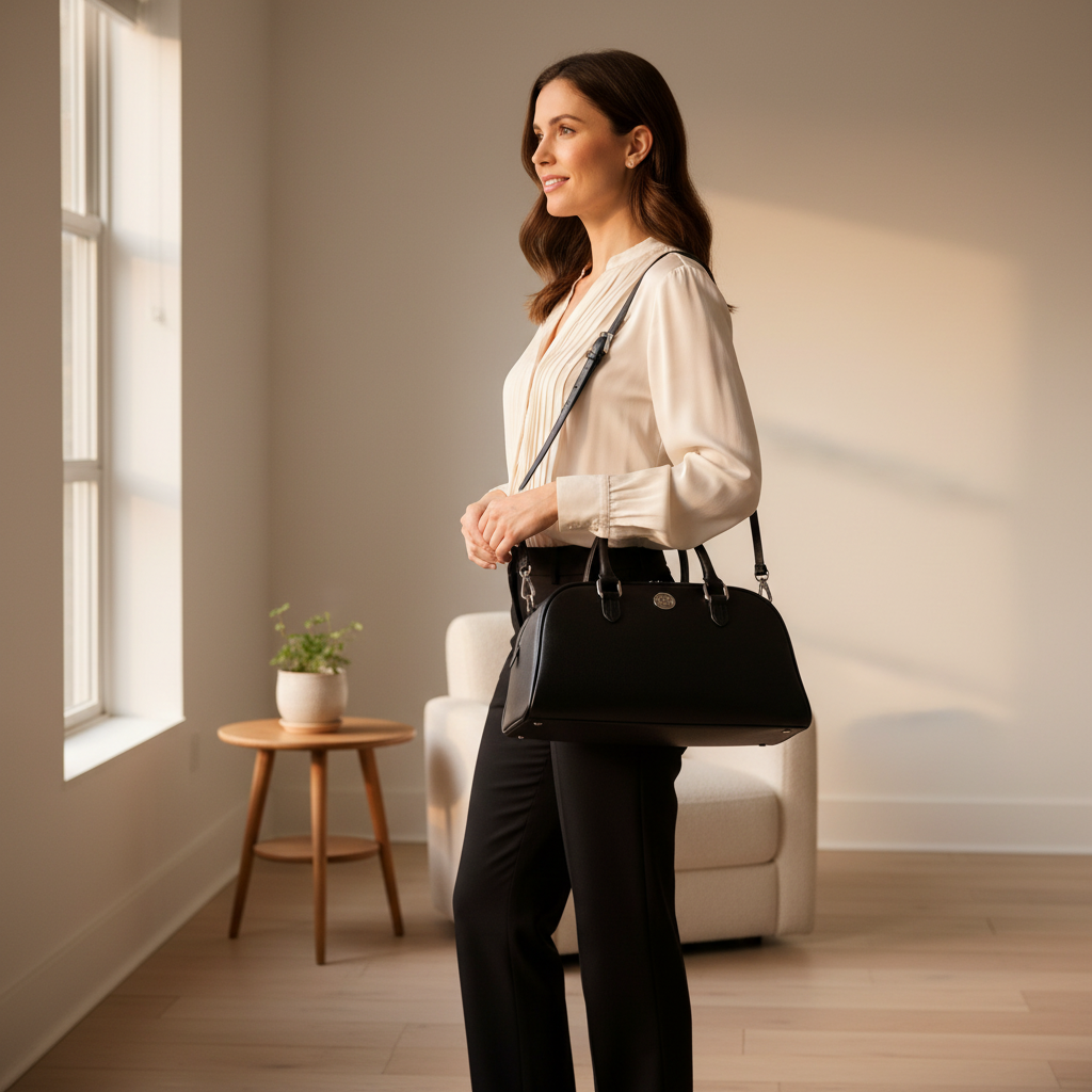  Sac bowling Virginia en cuir Saffiano noir, fabriqué en Italie, avec accessoires argentés polis et format 35 × 19 × 14,5 cm, poignée de 12 cm.