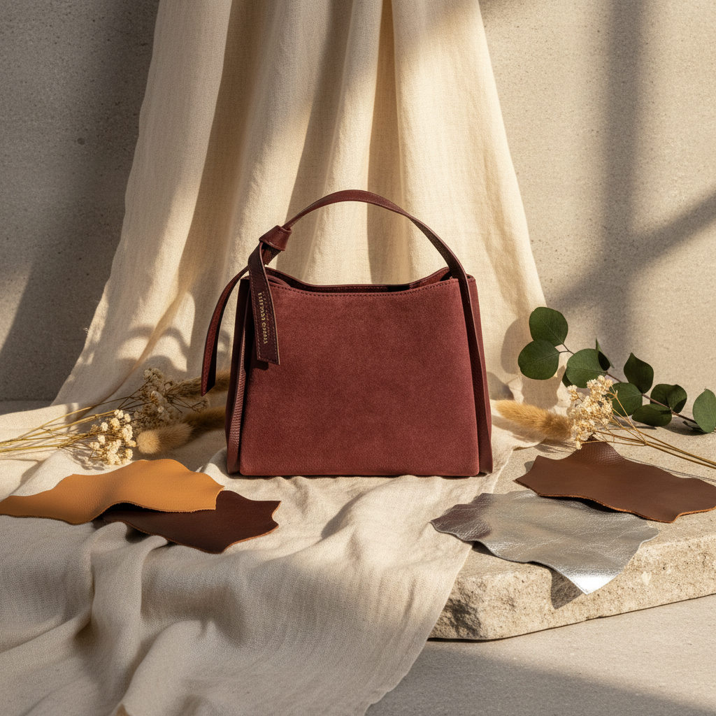 Sac Alice en cuir suédé bordeaux avec insertions en cuir grainé dollar, silhouette trapèze structurée et accessoires dorés brillants, fabriqué en Italie.