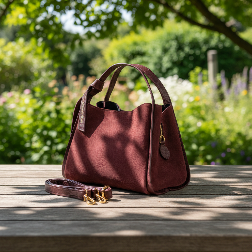 Sac Alice en cuir suédé bordeaux avec insertions en cuir grainé dollar, silhouette trapèze structurée et accessoires dorés brillants, fabriqué en Italie.
