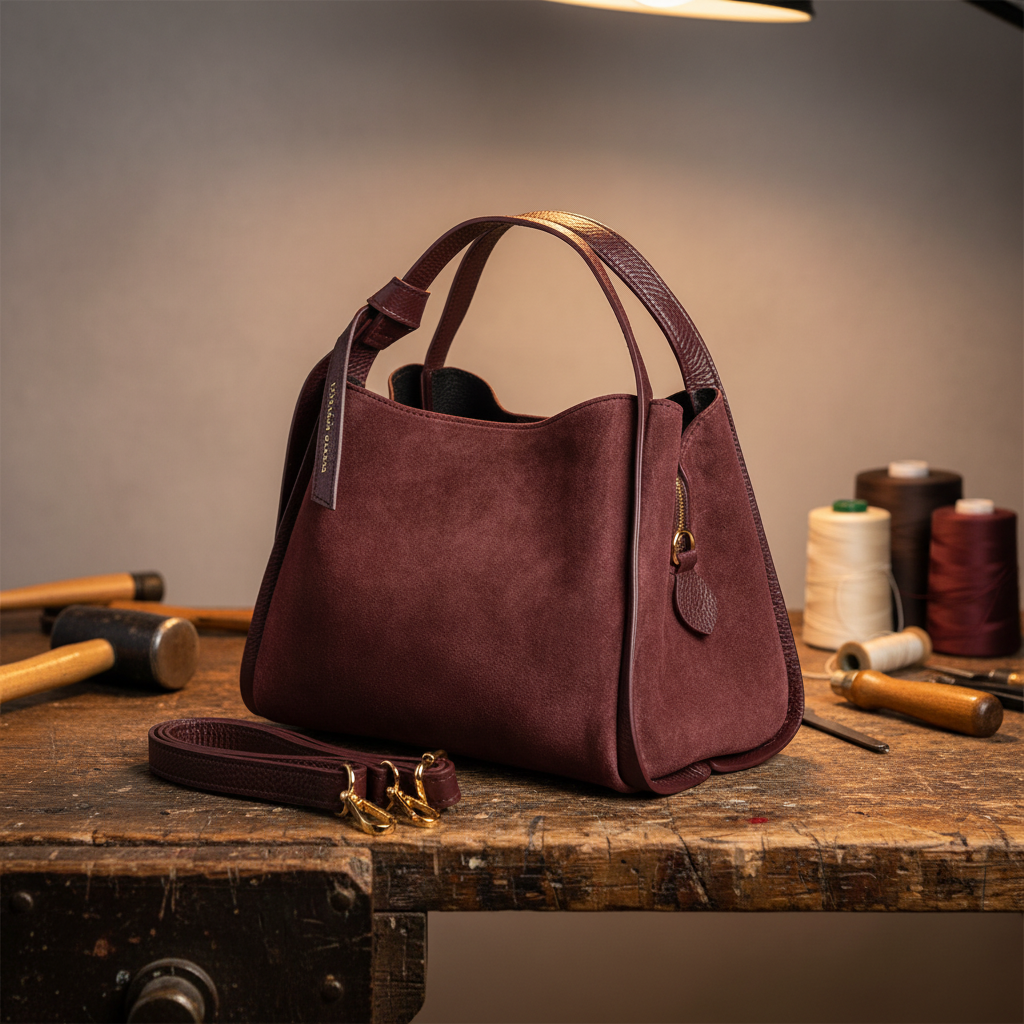 Sac Alice en cuir suédé bordeaux avec insertions en cuir grainé dollar, silhouette trapèze structurée et accessoires dorés brillants, fabriqué en Italie.