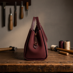 Sac Alice en cuir suédé bordeaux avec insertions en cuir grainé dollar, silhouette trapèze structurée et accessoires dorés brillants, fabriqué en Italie.