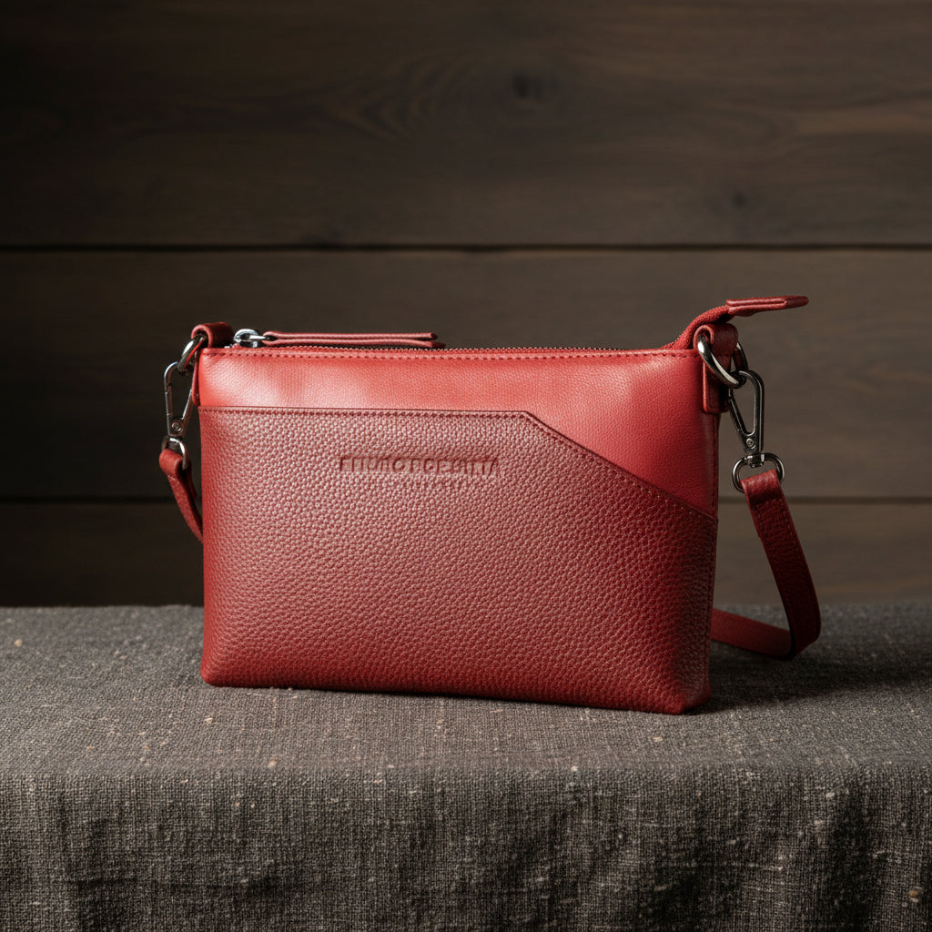 Pochette en cuir rouge lisse au format compact, dotée d’une fine bandoulière et pensée pour accompagner élégamment une soirée. 