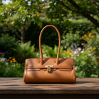 Sac porté épaule Arianna en cuir sauvage souple couleur cognac, fabriqué en Italie, avec métallerie or mat et format 34 × 15 × 16 cm, poignée de 20 cm.