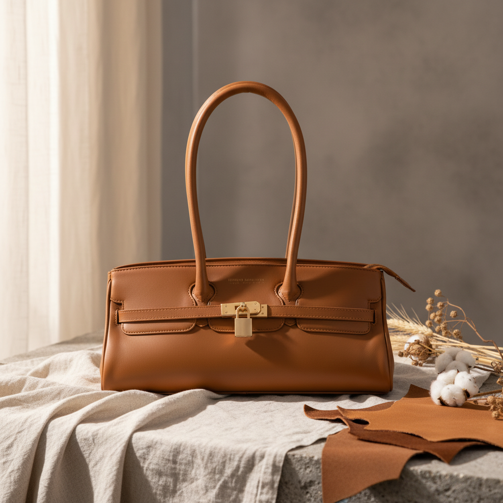 Sac porté épaule Arianna en cuir sauvage souple couleur cognac, fabriqué en Italie, avec métallerie or mat et format 34 × 15 × 16 cm, poignée de 20 cm.