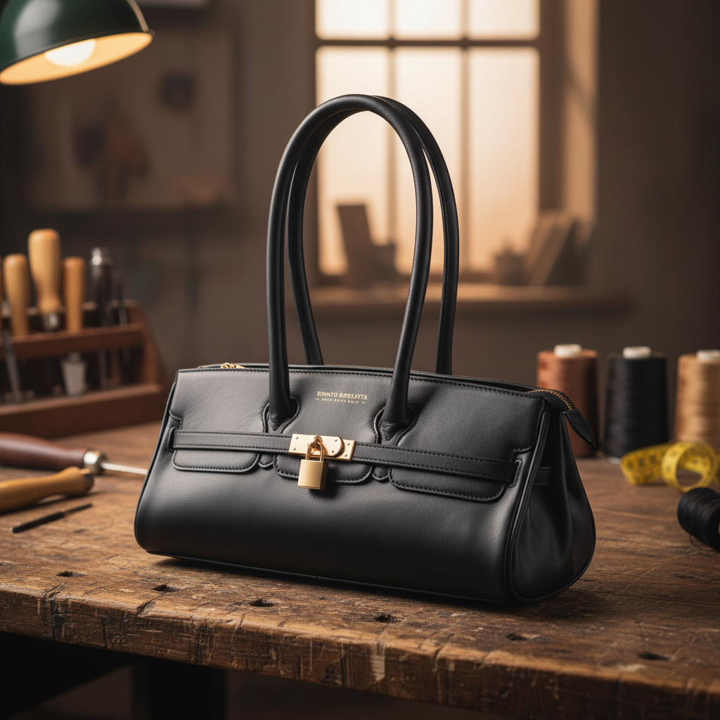 Sac porté épaule Arianna en cuir sauvage souple noir, fabriqué en Italie, avec accessoires métal or mat et format 34 × 15 × 16 cm, poignée de 20 cm.